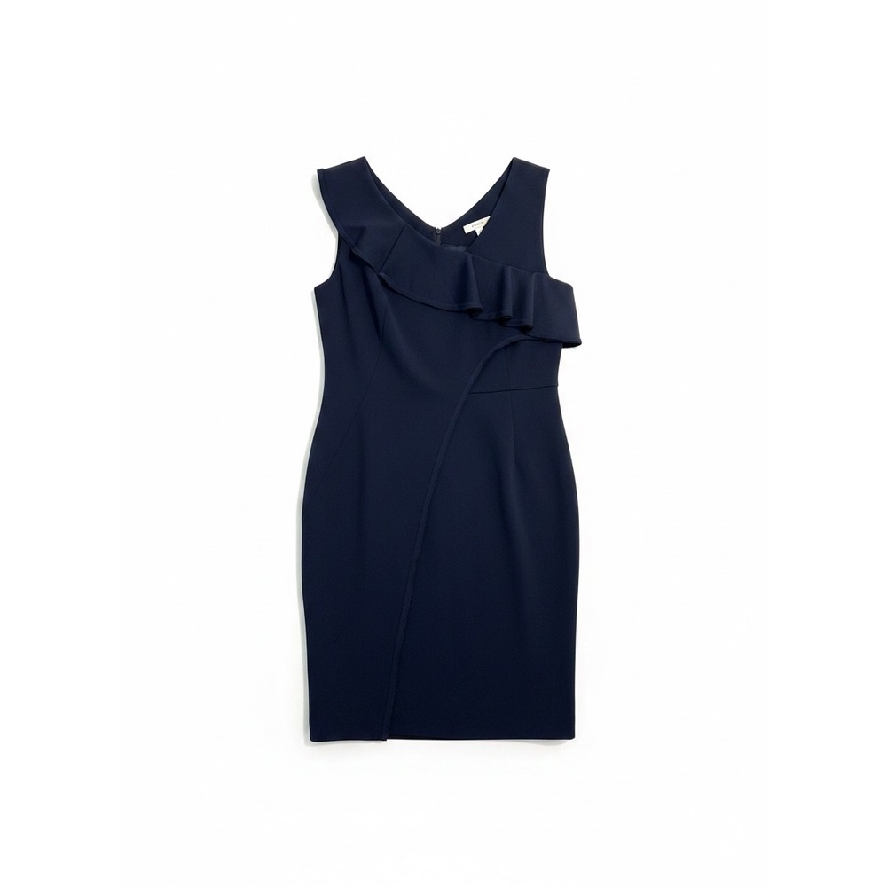Donna Karan Sheath Dress Womens 14 Navy Blue Ruffle Asymmetrical V-Neck NWT